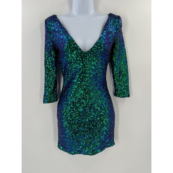 NWT AGACI S Sequin Mini Dress Green Blue Iridescent V-Neck Mermaid Bodycon - Picture 11 of 11
